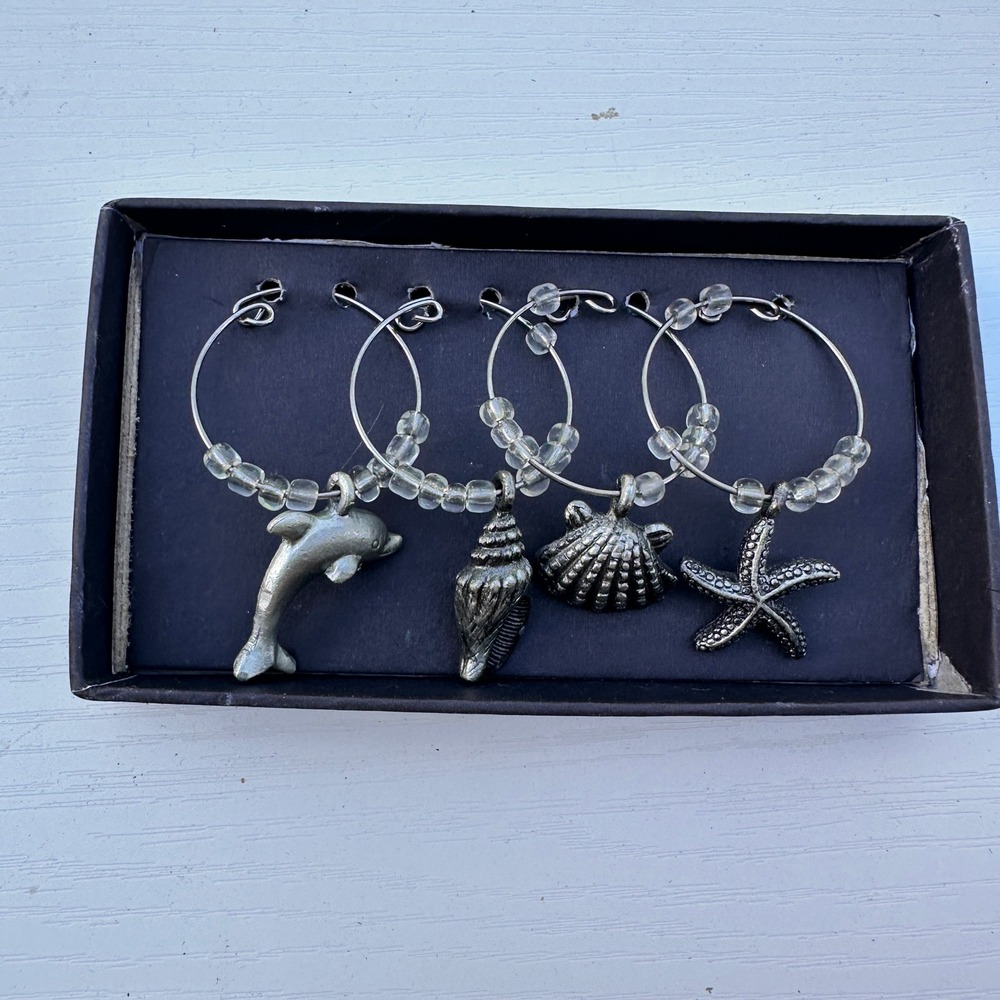 Unbranded Wine Glass Charms Vintage Silver Tone Metal Coastal Nautical Set of 4